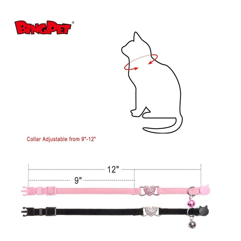BINGPET Cat Collar Breakaway with Bell, Pack of 2 Heart Bling Collar Safety with Soft Velvet Adjustable for Kittens - Image 2